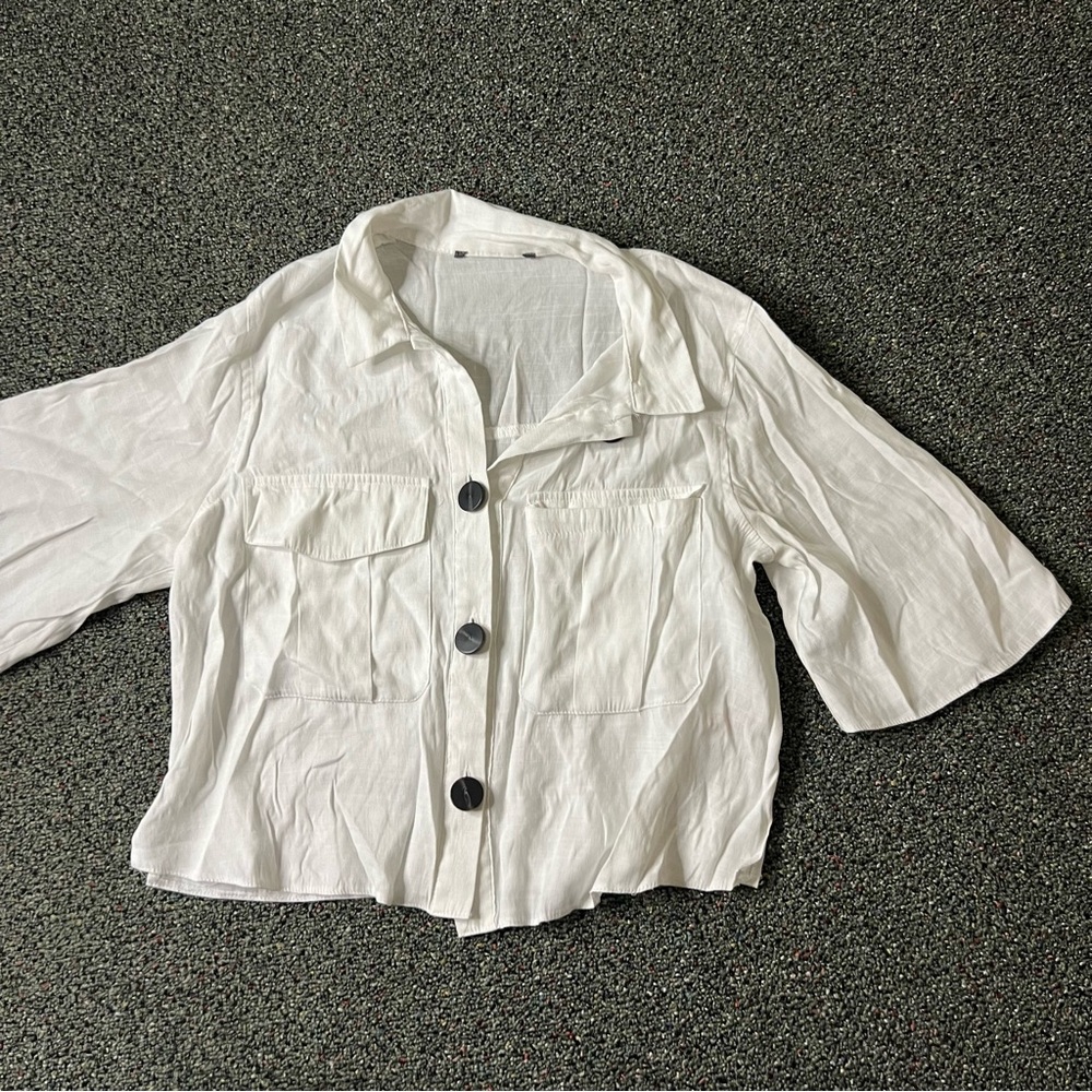 PRIMARK White Short-Sleeve Oversize Boxy Button Down Blouse Top Collar T-Shirt S - Picture 12 of 16